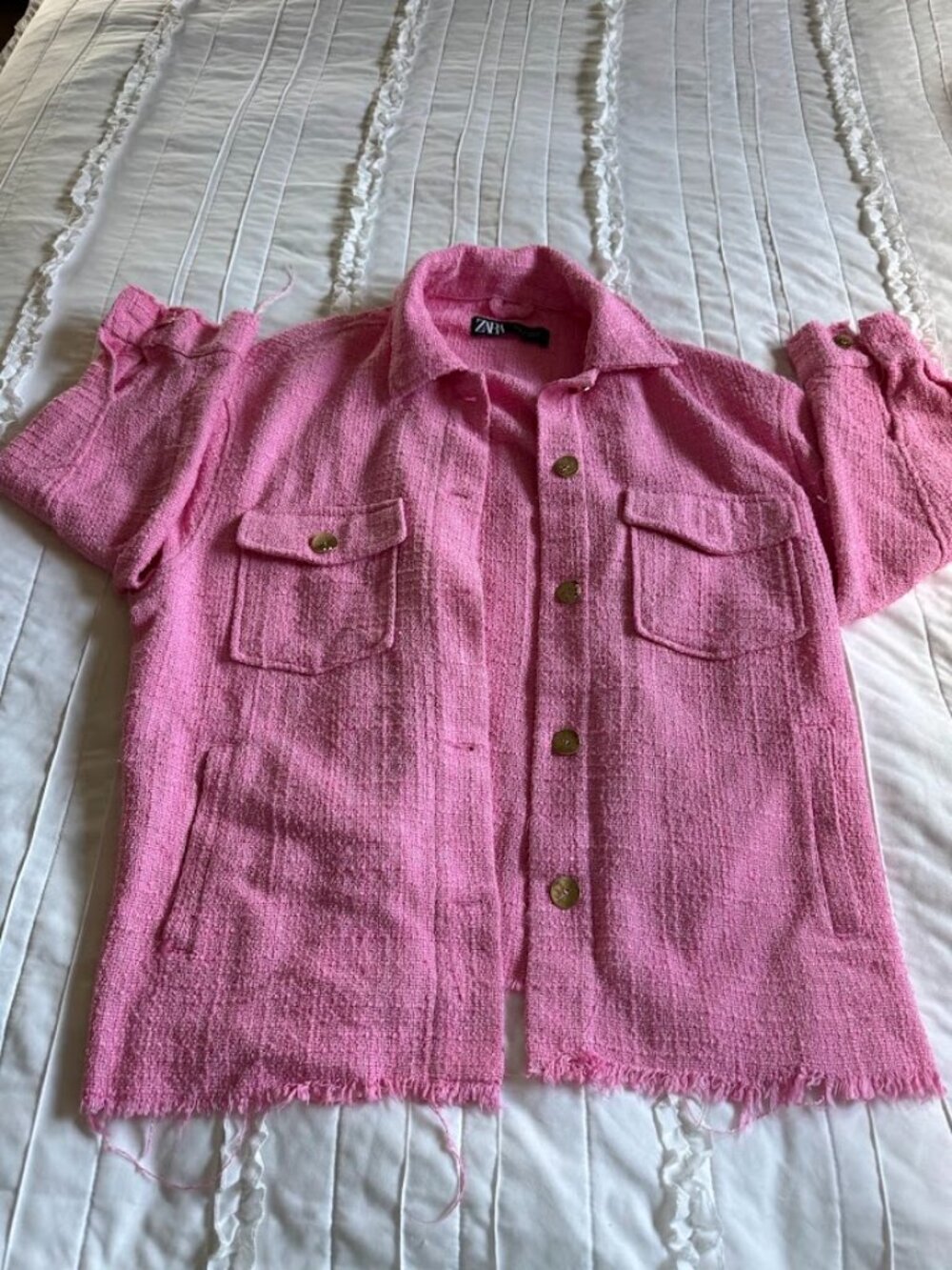 Zara Womens XL Pink Tweed Shirt Jacket Gold Buttons